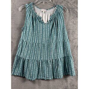 Teal Sleeveless Tiered Ruffle Top With White Dotted Stripes V-Neck By Wonderly W